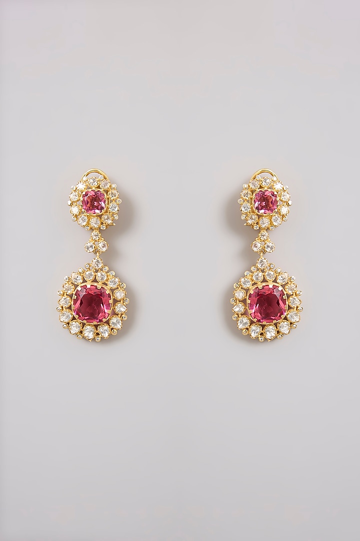 Gold Finish Kundan Polki & Pink Tourmaline Stone Long Necklace Set In Sterling Silver by Kiara Luxe at Pernia's Pop Up Shop
