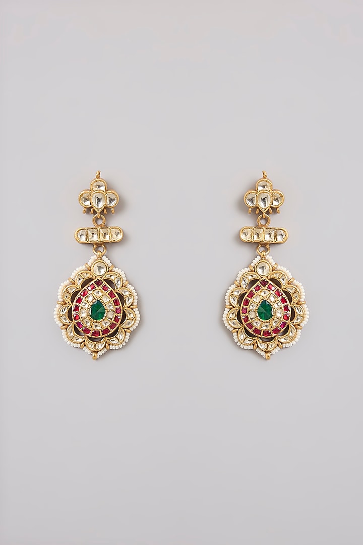 Gold Finish Kundan Polki & Emerald Stone Meenakari Enameled Chandbali Earrings In Sterling Silver by Kiara Luxe at Pernia's Pop Up Shop