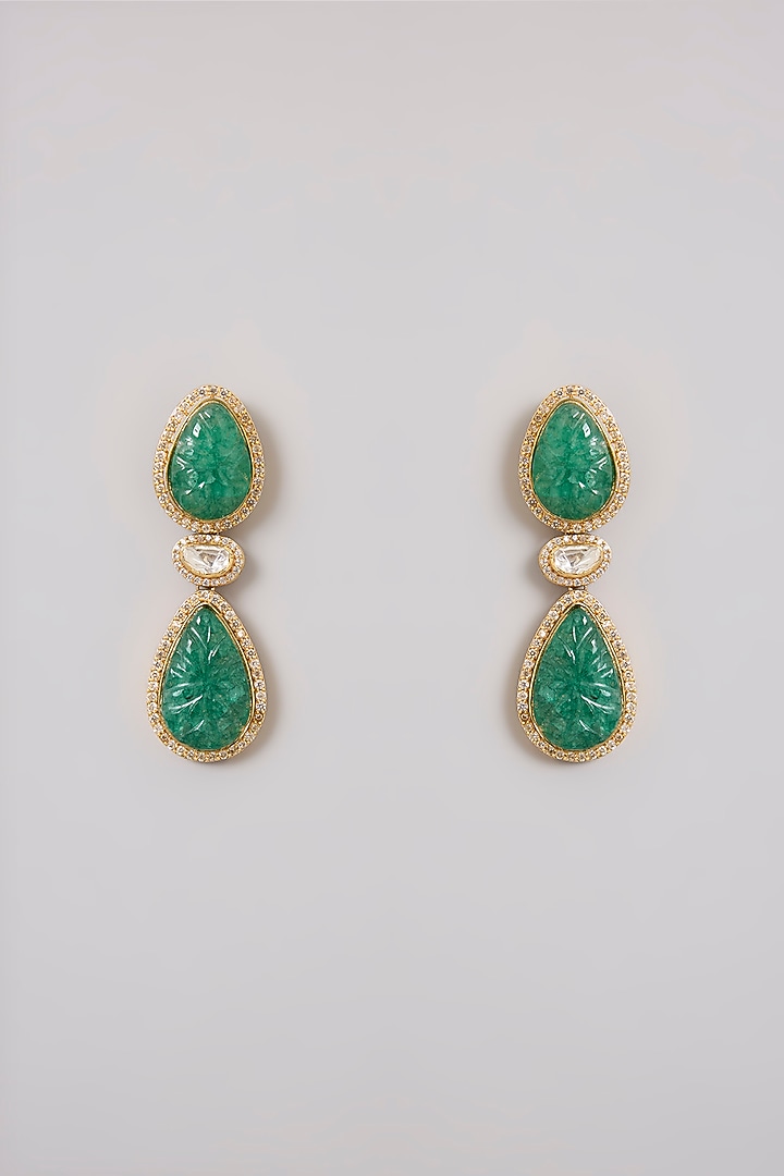 Gold Finish Moissanite Polki & Emerald Stone Dangler Earrings In Sterling Silver by Kiara Luxe at Pernia's Pop Up Shop