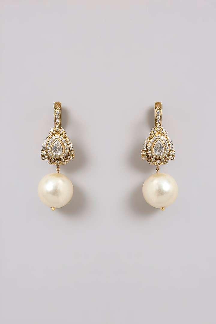 Gold Finish Kundan Polki & Pearl Drop Dangler Earrings In Sterling Silver by Kiara Luxe at Pernia's Pop Up Shop