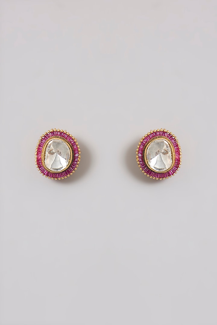 Gold Finish Kundan Polki & Ruby Gemstone Stud Earrings In Sterling Silver by Kiara Luxe at Pernia's Pop Up Shop