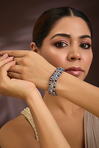 Gold Finish Moissanite Polki & Navratna Gemstone Bracelet In Sterling Silver by Kiara Luxe