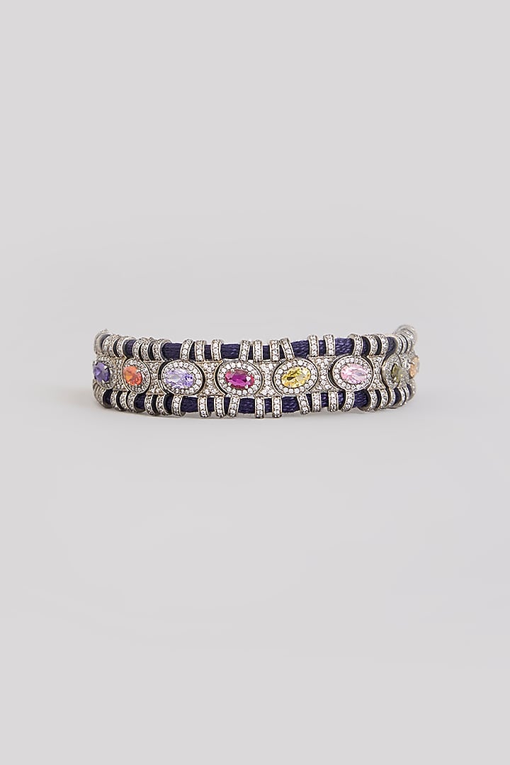 Gold Finish Moissanite Polki & Navratna Gemstone Bracelet In Sterling Silver by Kiara Luxe at Pernia's Pop Up Shop