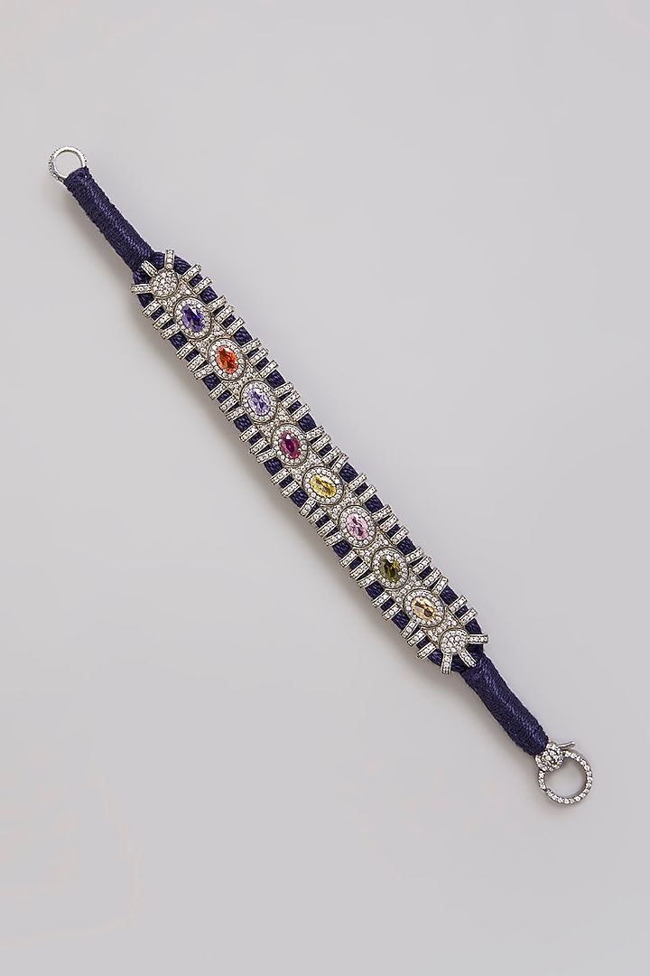 Gold Finish Moissanite Polki & Navratna Gemstone Bracelet In Sterling Silver by Kiara Luxe at Pernia's Pop Up Shop