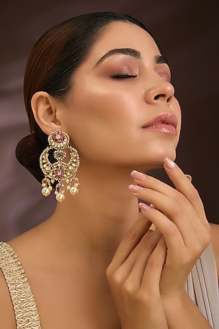 Gold Finish Kundan Polki & Navratna Gemstone Chandbali Earrings In Sterling Silver by Kiara Luxe
