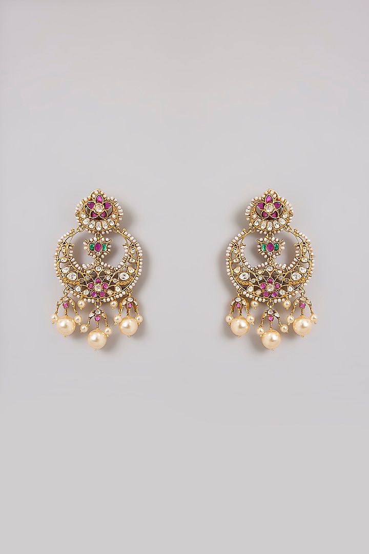 Gold Finish Kundan Polki & Navratna Gemstone Chandbali Earrings In Sterling Silver by Kiara Luxe at Pernia's Pop Up Shop