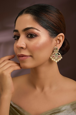 Gold Finish Kundan Polki & Pearl Red Meenakari Dangler Earrings In Sterling Silver by Kiara Luxe
