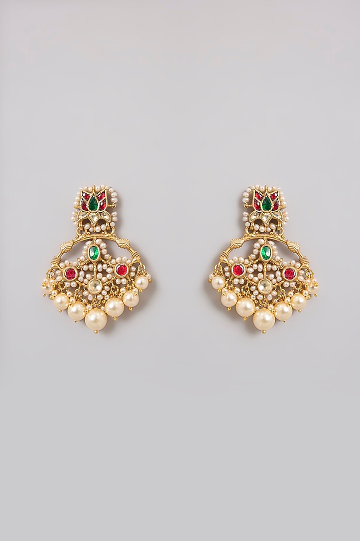 Gold Finish Kundan Polki & Pearl Red Meenakari Dangler Earrings In Sterling Silver by Kiara Luxe at Pernia's Pop Up Shop