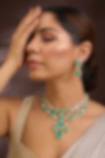 Gold Finish Moissanite Polki & Emerald Green Stone Choker Necklace Set In Sterling Silver by Kiara Luxe at Pernia's Pop Up Shop