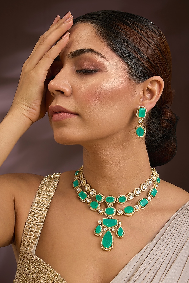 Gold Finish Moissanite Polki & Emerald Green Stone Choker Necklace Set In Sterling Silver by Kiara Luxe at Pernia's Pop Up Shop
