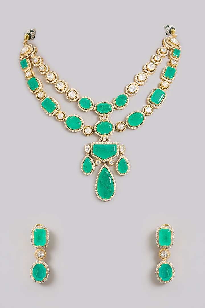 Gold Finish Moissanite Polki & Emerald Green Stone Choker Necklace Set In Sterling Silver by Kiara Luxe at Pernia's Pop Up Shop