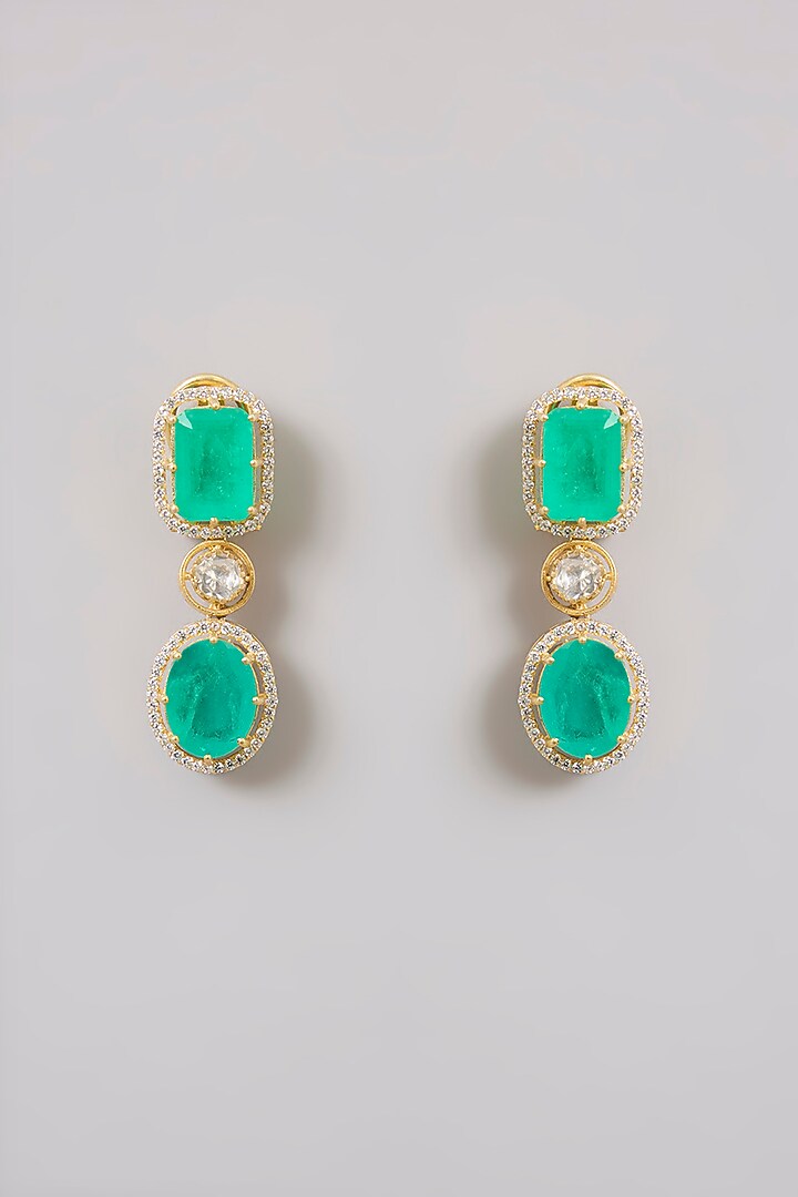 Gold Finish Moissanite Polki & Emerald Green Stone Choker Necklace Set In Sterling Silver by Kiara Luxe at Pernia's Pop Up Shop