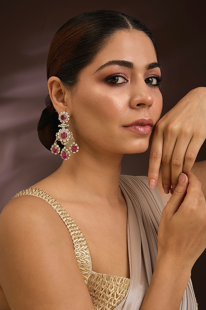 Gold Finish Kundan Polki & Ruby Gemstone Chandelier Earrings In Sterling Silver by Kiara Luxe at Pernia's Pop Up Shop