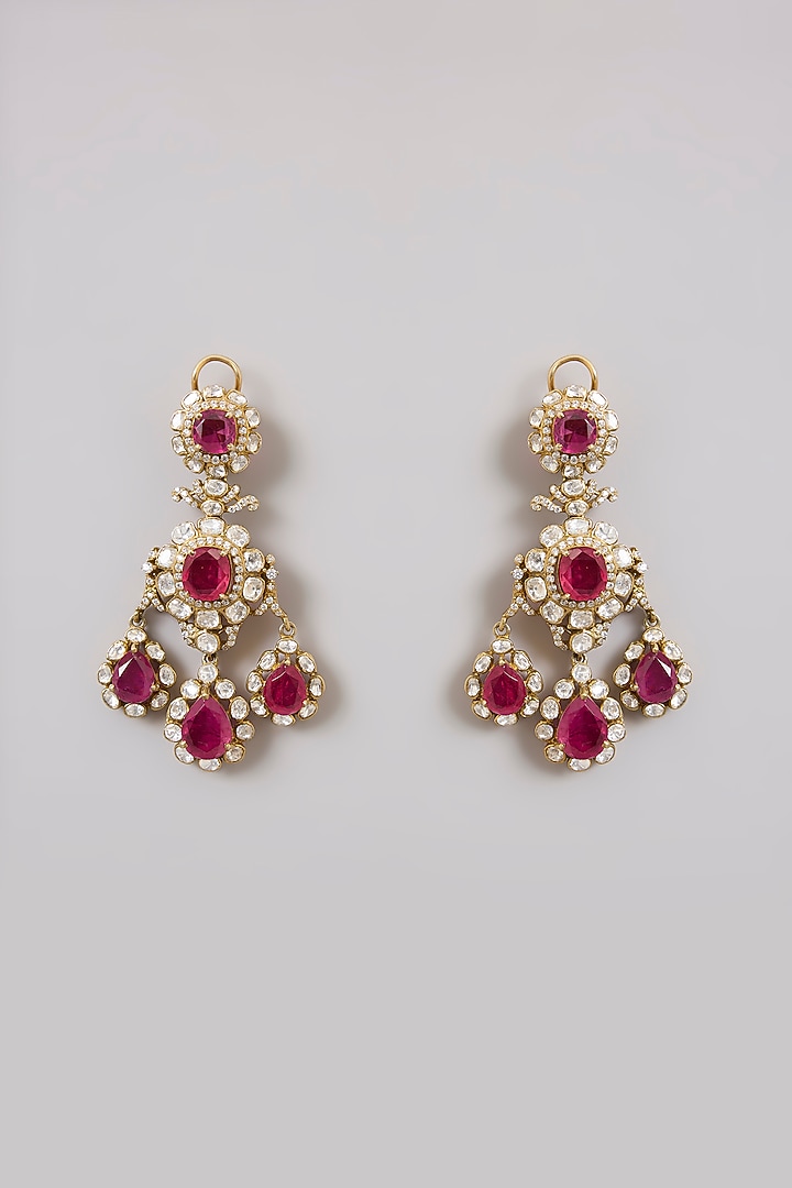 Gold Finish Kundan Polki & Ruby Gemstone Chandelier Earrings In Sterling Silver by Kiara Luxe at Pernia's Pop Up Shop