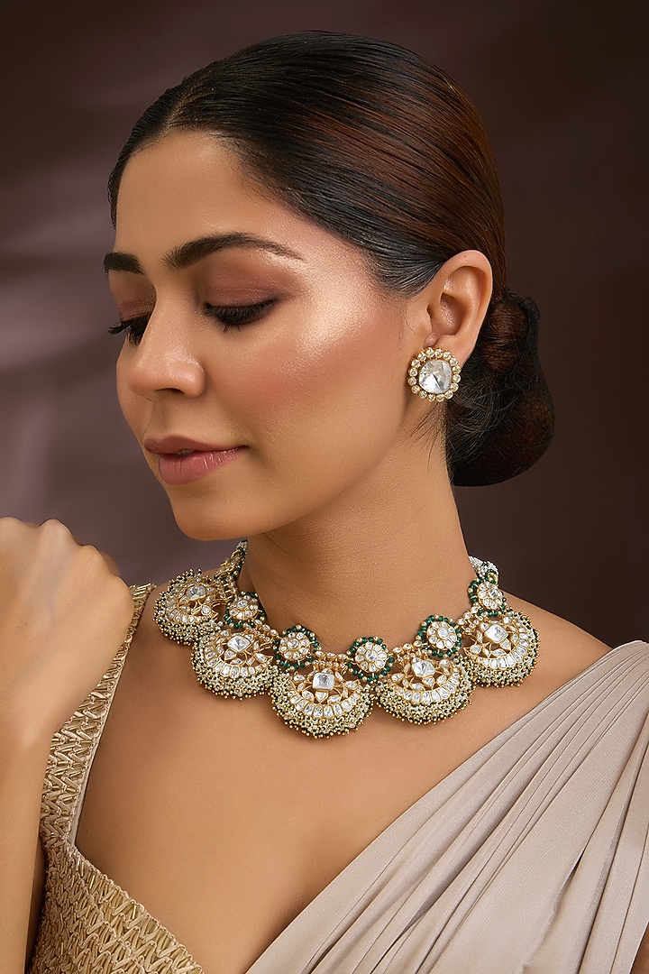 Gold Finish Moissanite Polki & Emerald Stone Choker Necklace Set In Sterling Silver by Kiara Luxe at Pernia's Pop Up Shop
