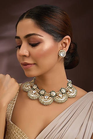Gold Finish Moissanite Polki & Emerald Stone Choker Necklace Set In Sterling Silver by Kiara Luxe