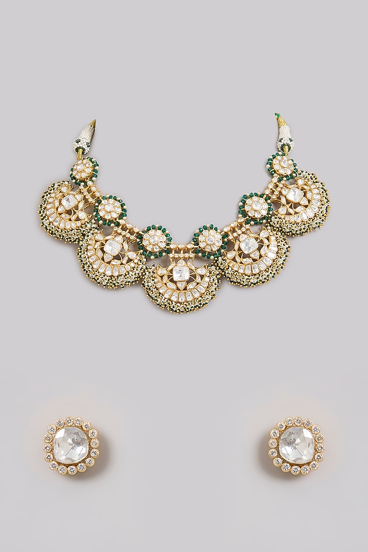 Gold Finish Moissanite Polki & Emerald Stone Choker Necklace Set In Sterling Silver by Kiara Luxe at Pernia's Pop Up Shop