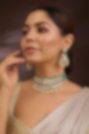 Gold Finish Moissanite Polki & Emerald Beaded Choker Necklace Set In Sterling Silver by Kiara Luxe at Pernia's Pop Up Shop