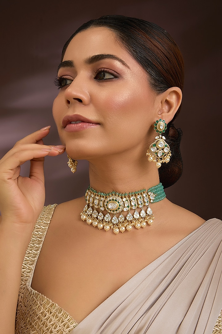 Gold Finish Moissanite Polki & Emerald Beaded Choker Necklace Set In Sterling Silver by Kiara Luxe at Pernia's Pop Up Shop