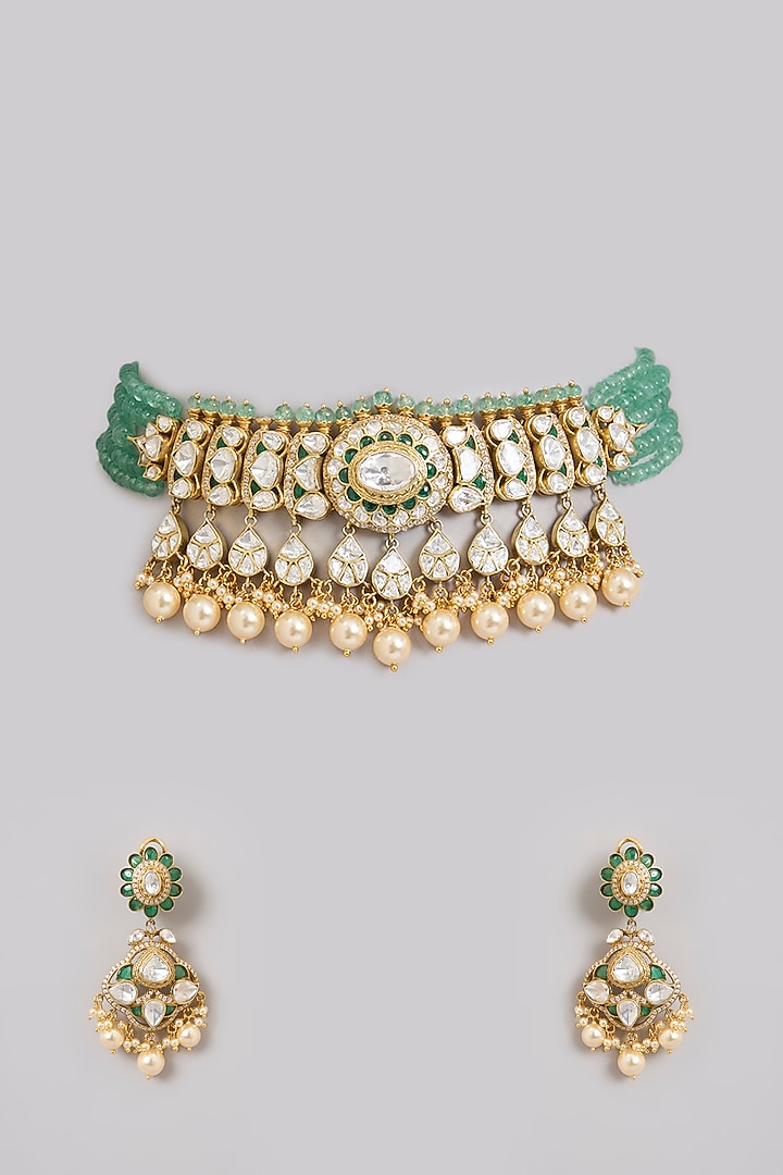 Gold Finish Moissanite Polki & Emerald Beaded Choker Necklace Set In Sterling Silver by Kiara Luxe at Pernia's Pop Up Shop