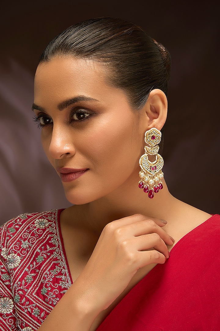 Gold Finish Moissanite Polki & Ruby Stone Chandbali Earrings In Sterling Silver by Kiara Luxe at Pernia's Pop Up Shop
