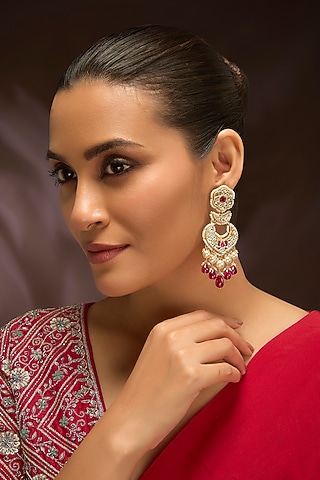 Gold Finish Moissanite Polki & Ruby Stone Chandbali Earrings In Sterling Silver by Kiara Luxe