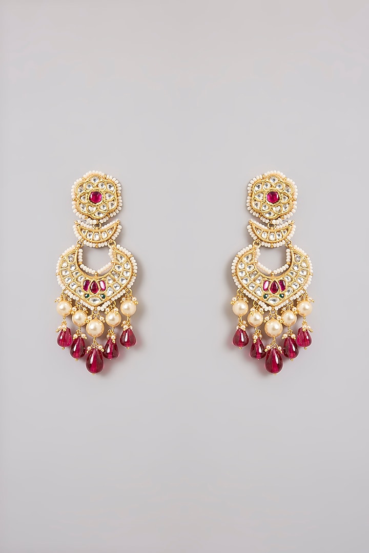Gold Finish Moissanite Polki & Ruby Stone Chandbali Earrings In Sterling Silver by Kiara Luxe at Pernia's Pop Up Shop