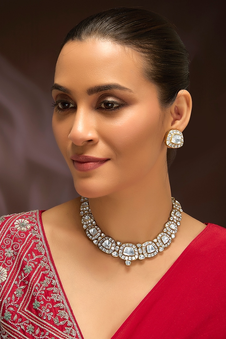 Gold Finish Moissanite Polki Choker Necklace Set In Sterling Silver by Kiara Luxe at Pernia's Pop Up Shop