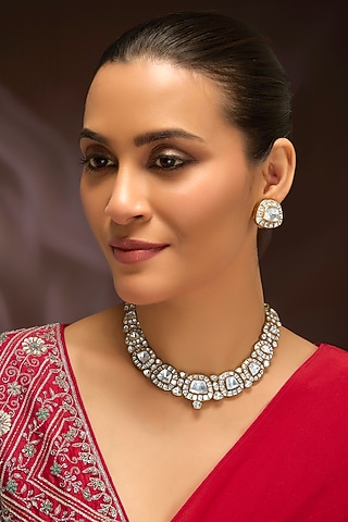 Gold Finish Moissanite Polki Choker Necklace Set In Sterling Silver by Kiara Luxe