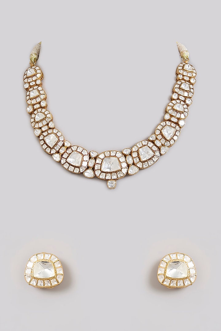 Gold Finish Moissanite Polki Choker Necklace Set In Sterling Silver by Kiara Luxe at Pernia's Pop Up Shop