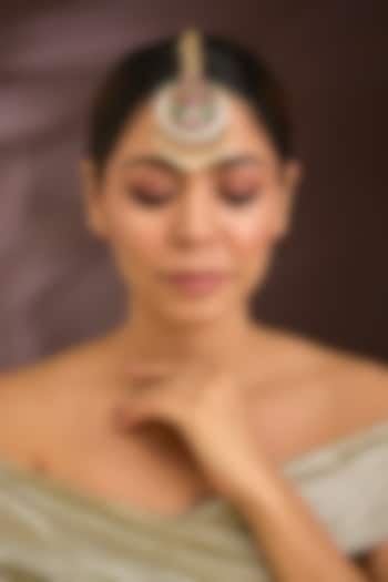 Gold Finish Kundan Polki & Pearl Maangtikka In Sterling Silver by Kiara Luxe at Pernia's Pop Up Shop