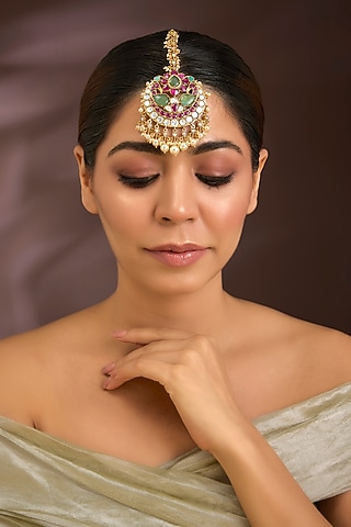 Gold Finish Kundan Polki & Pearl Maangtikka In Sterling Silver by Kiara Luxe