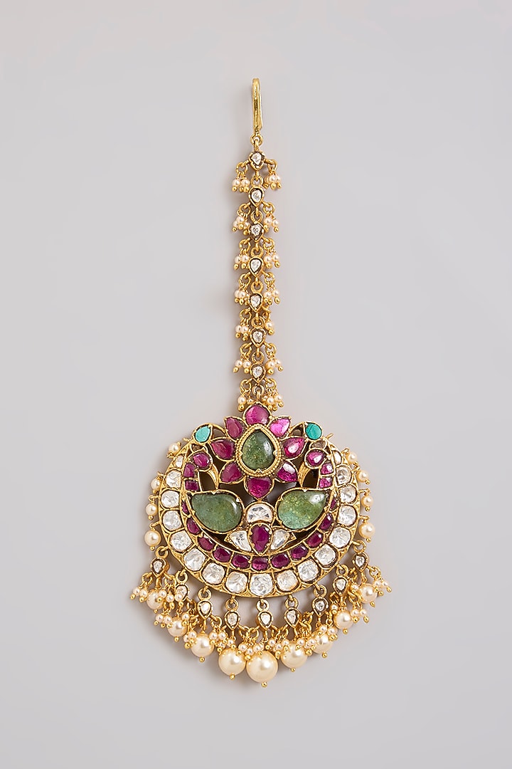 Gold Finish Kundan Polki & Pearl Maangtikka In Sterling Silver by Kiara Luxe at Pernia's Pop Up Shop