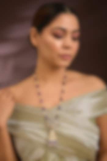 Gold Finish Moissanite Polki & Amethyst Beaded Long Necklace In Sterling Silver by Kiara Luxe at Pernia's Pop Up Shop