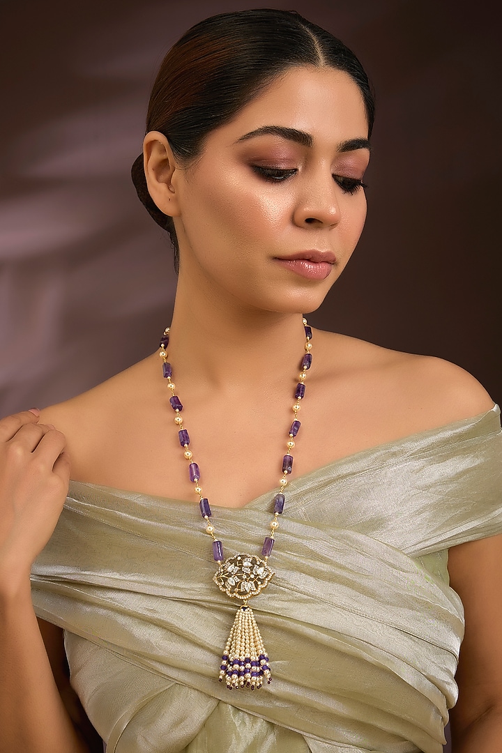 Gold Finish Moissanite Polki & Amethyst Beaded Long Necklace In Sterling Silver by Kiara Luxe at Pernia's Pop Up Shop