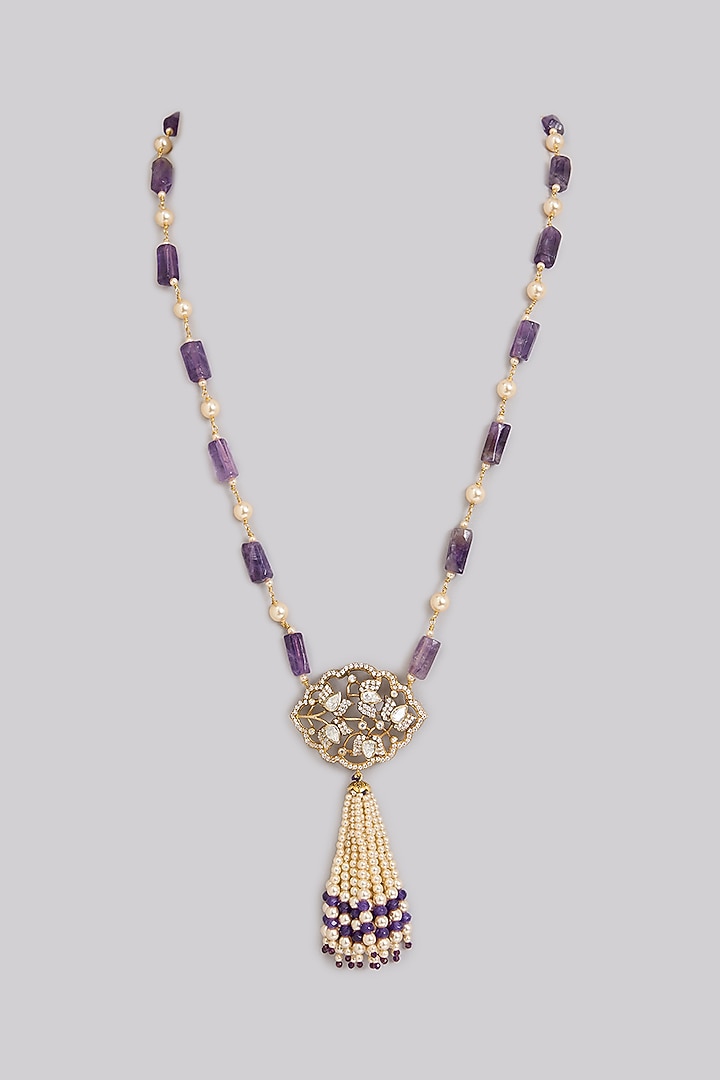 Gold Finish Moissanite Polki & Amethyst Beaded Long Necklace In Sterling Silver by Kiara Luxe at Pernia's Pop Up Shop