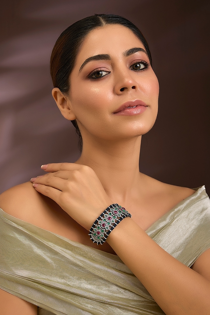Gold Finish Sapphire & Emerald Green Gemstone Cuff Bracelet In Sterling Silver by Kiara Luxe at Pernia's Pop Up Shop