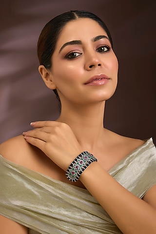 Gold Finish Sapphire & Emerald Green Gemstone Cuff Bracelet In Sterling Silver by Kiara Luxe