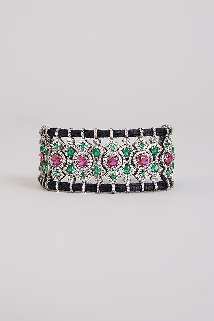 Gold Finish Sapphire & Emerald Green Gemstone Cuff Bracelet In Sterling Silver by Kiara Luxe at Pernia's Pop Up Shop