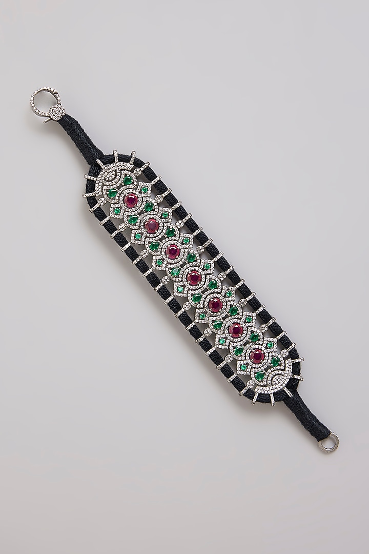 Gold Finish Sapphire & Emerald Green Gemstone Cuff Bracelet In Sterling Silver by Kiara Luxe at Pernia's Pop Up Shop
