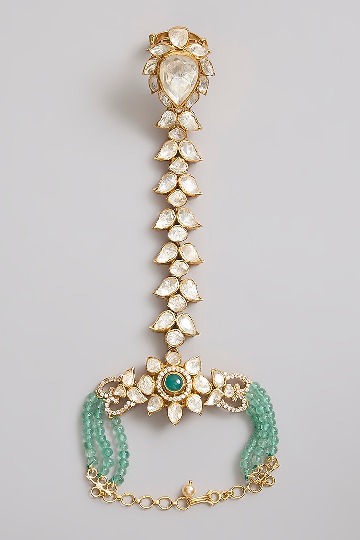 Gold Finish Moissanite Polki & Green Beaded Hand Harness In Sterling Silver by Kiara Luxe at Pernia's Pop Up Shop