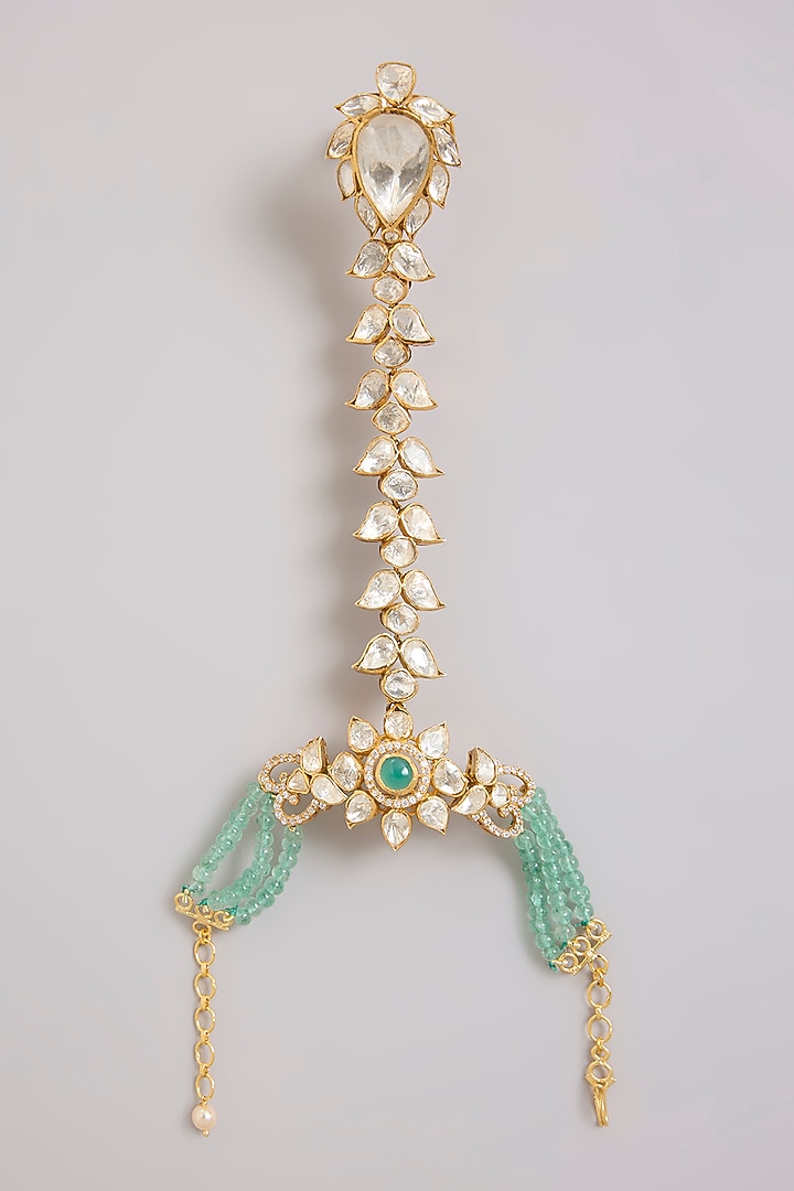 Gold Finish Moissanite Polki & Green Beaded Hand Harness In Sterling Silver by Kiara Luxe at Pernia's Pop Up Shop
