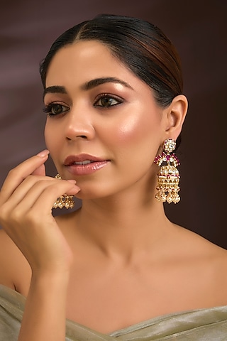 Gold Finish Moissanite Polki & Pearl Tiered Jhumka Earrings In Sterling Silver by Kiara Luxe
