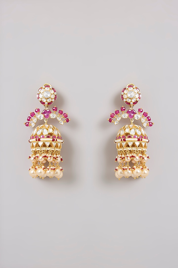 Gold Finish Moissanite Polki & Pearl Tiered Jhumka Earrings In Sterling Silver by Kiara Luxe at Pernia's Pop Up Shop