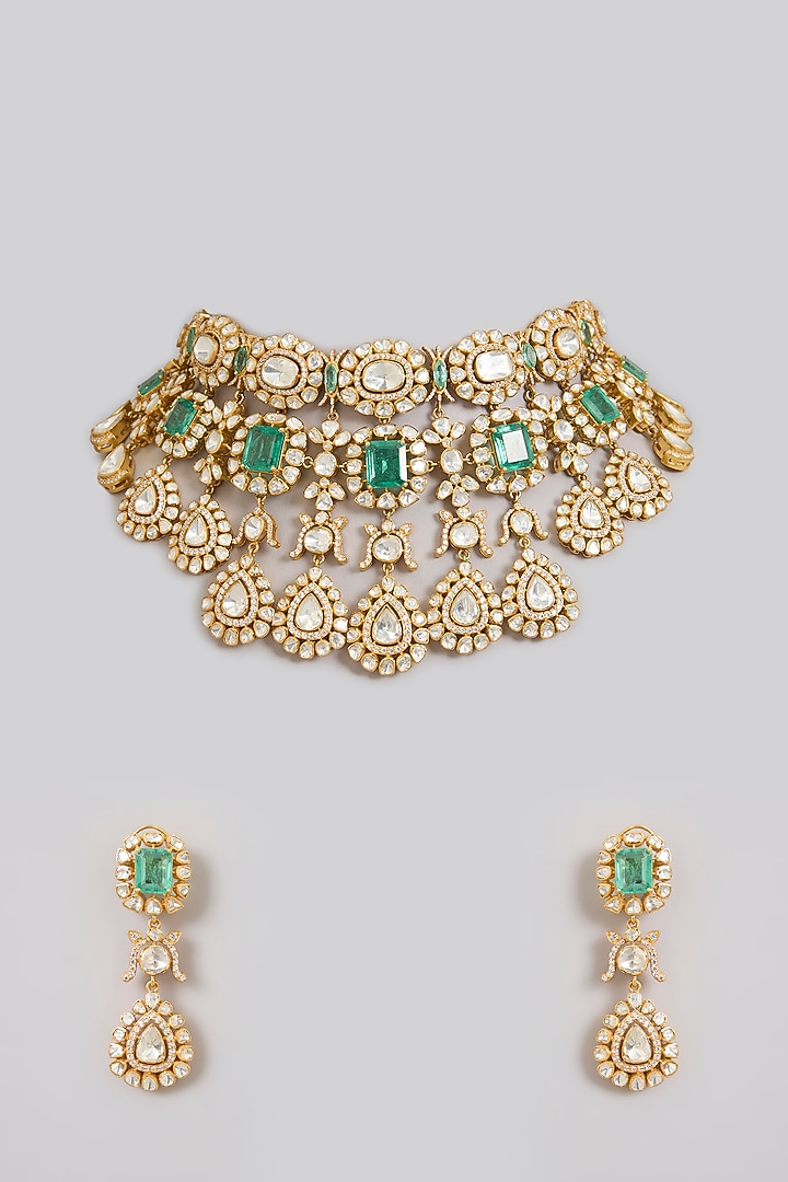 Gold Finish Moissanite Polki & Emerald Green Gemstone Choker Necklace Set In Sterling Silver by Kiara Luxe at Pernia's Pop Up Shop