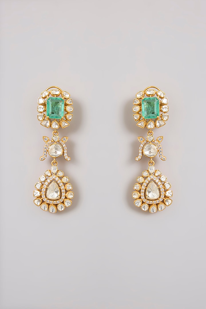 Gold Finish Moissanite Polki & Emerald Green Gemstone Choker Necklace Set In Sterling Silver by Kiara Luxe at Pernia's Pop Up Shop