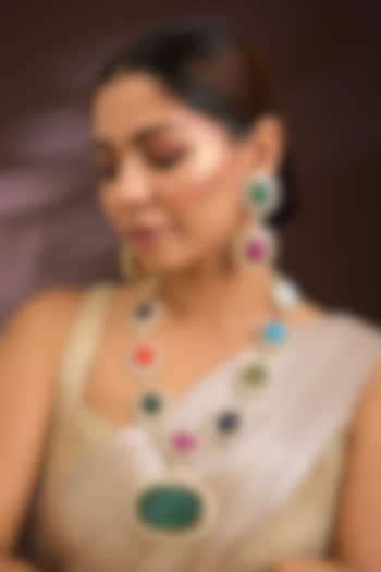 Gold Finish Moissanite Polki & Navratna Gemstone Long Pendant Necklace Set In Sterling Silver by Kiara Luxe at Pernia's Pop Up Shop