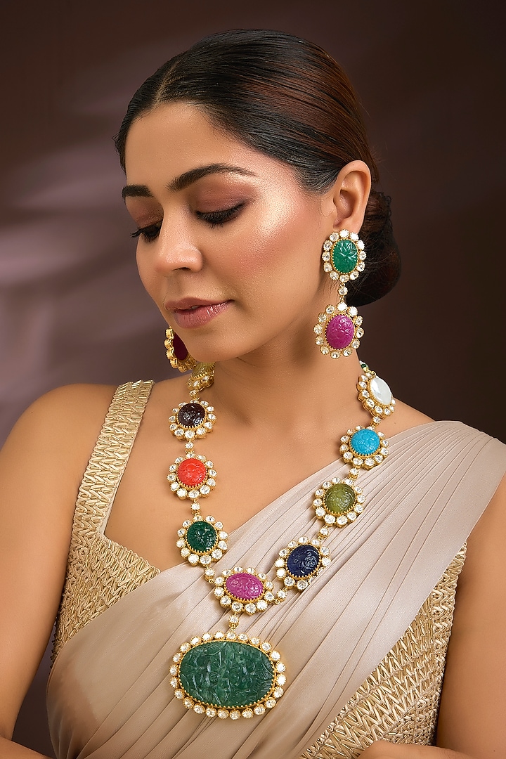 Gold Finish Moissanite Polki & Navratna Gemstone Long Pendant Necklace Set In Sterling Silver by Kiara Luxe at Pernia's Pop Up Shop