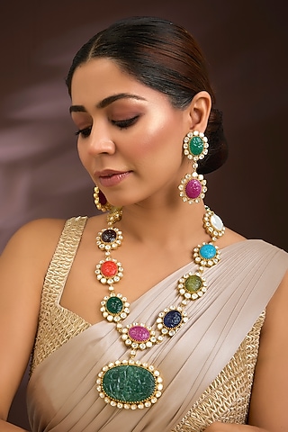 Gold Finish Moissanite Polki & Navratna Gemstone Long Pendant Necklace Set In Sterling Silver by Kiara Luxe