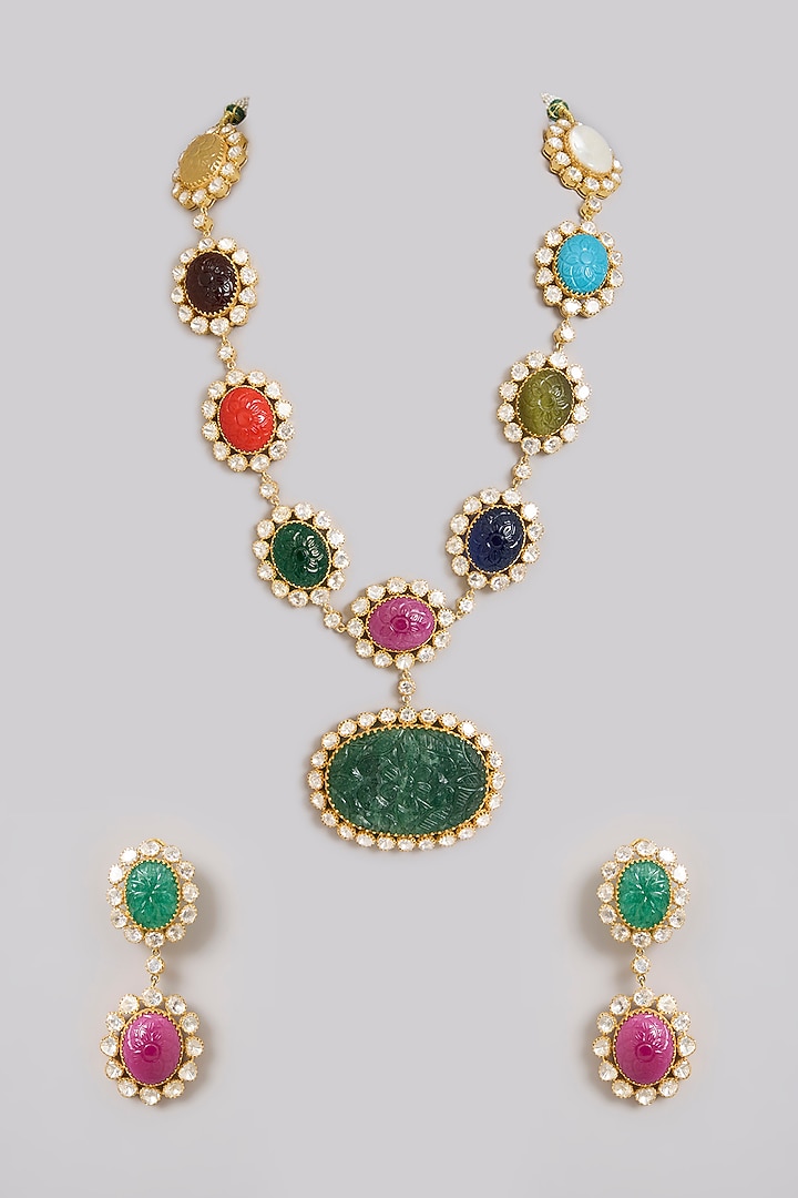 Gold Finish Moissanite Polki & Navratna Gemstone Long Pendant Necklace Set In Sterling Silver by Kiara Luxe at Pernia's Pop Up Shop
